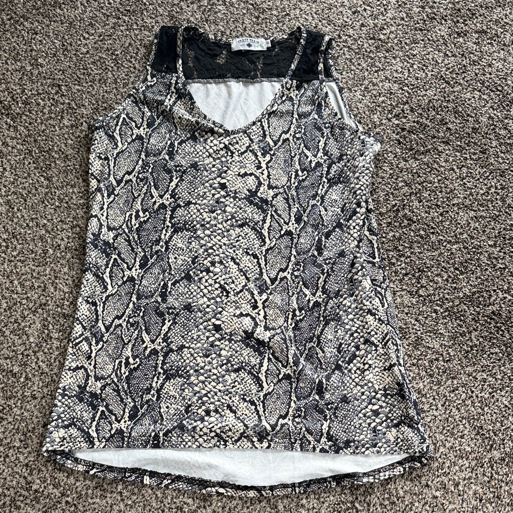 Crazy Train Snake-Print Tank with Lace Yoke - Black & Cream